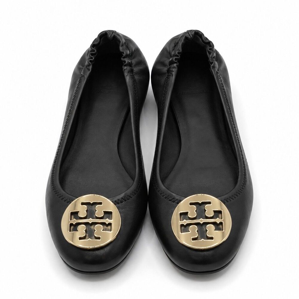 Tory Burch Minnie Travel Ballet Flats Women's 8 Black Gold Nappa Leather 50393 - Picture 4 of 7